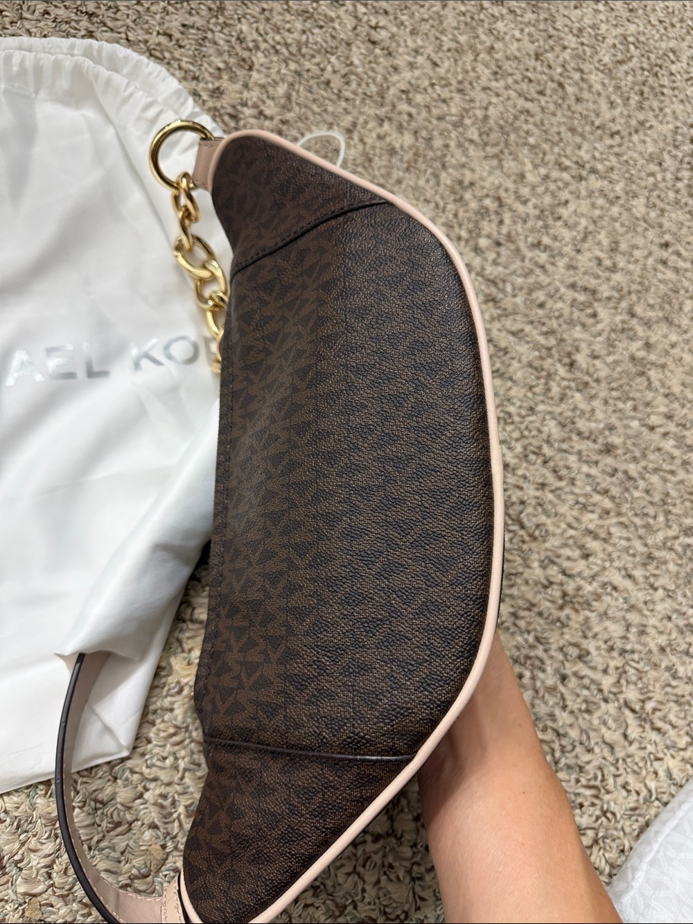 Michael Kors Brown Monogram Crossbody Belt Bag with Gold Hardware and pink Trim - Picture 7 of 9
